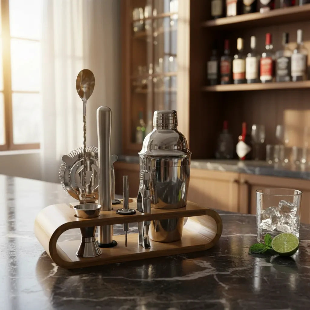 Coctelería Base Bambú Barman Bartender Tragos Set 10 Piezas