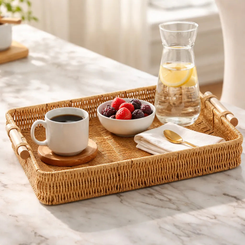 Bandeja Rattan Con Asas Rectangular Rustica Decorativa