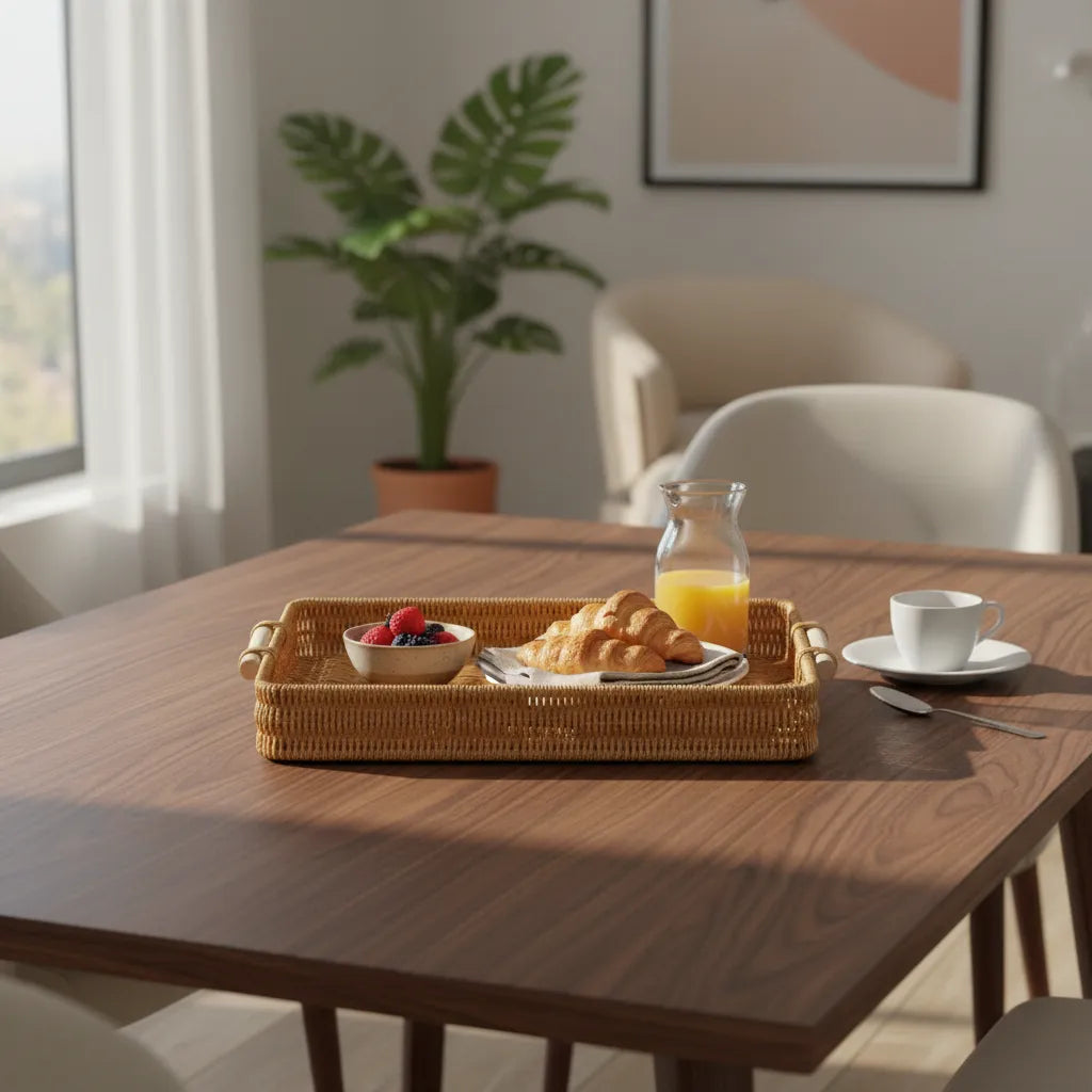 Bandeja Rattan Con Asas Rectangular Rustica Decorativa