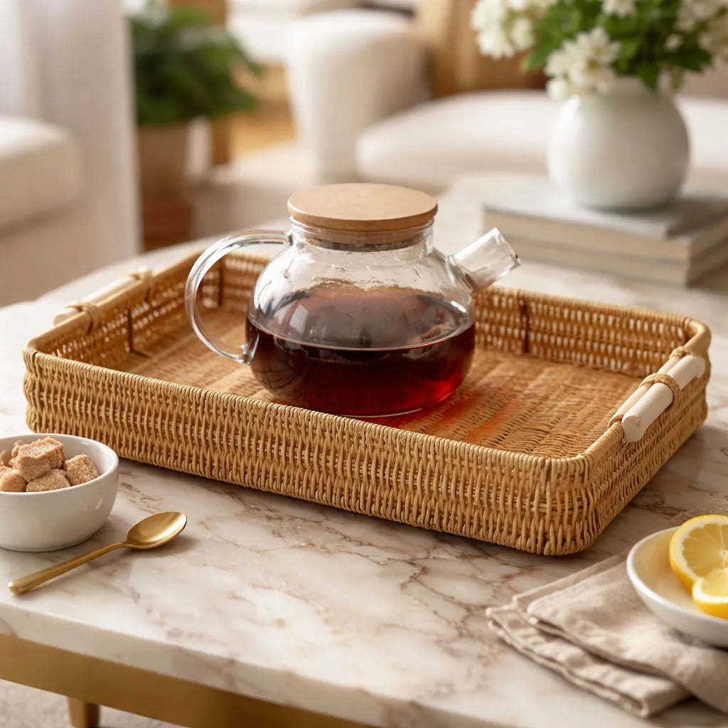 Bandeja Rattan Con Asas Rectangular Rustica Decorativa