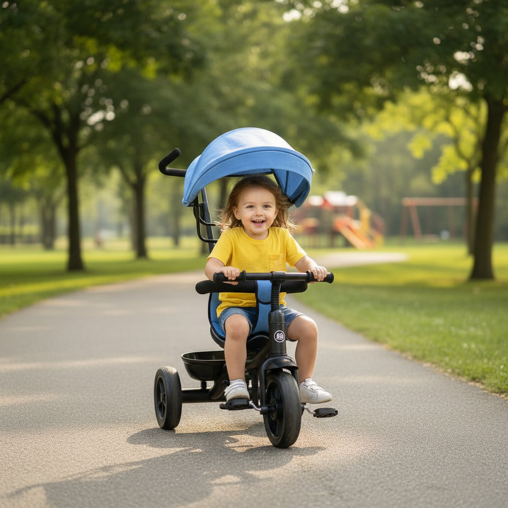 Triciclo Infantil con Capota + Manija - Celeste