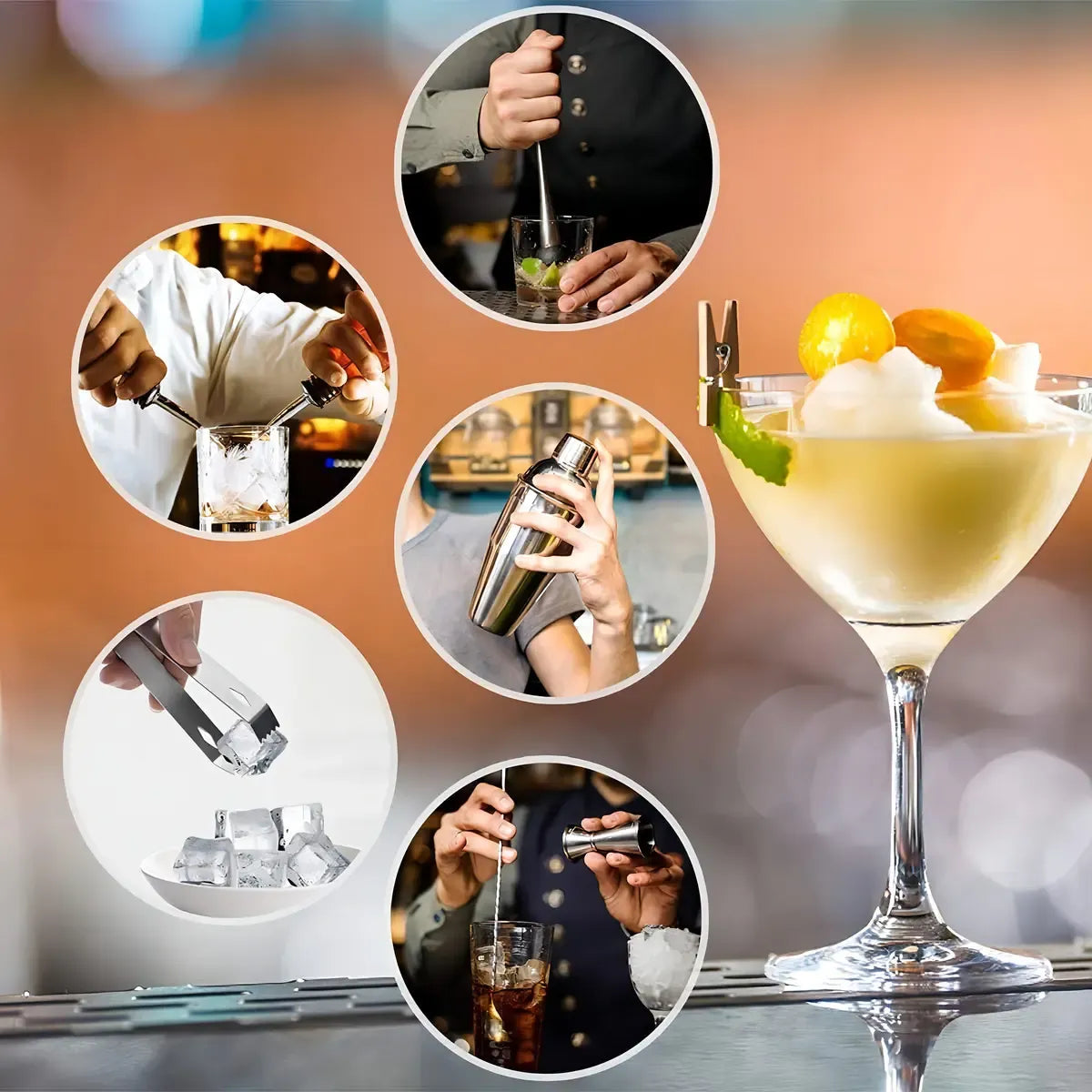 Coctelería Base Bambú Barman Bartender Tragos Set 10 Piezas